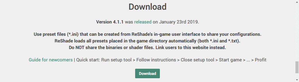 Steam 版 バイオハザード RE:2 ReShade インストール設定、ReShade Version 4.1.1 ダウンロード