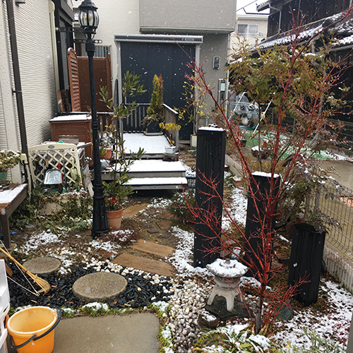 庭に雪が少し積もったので雪だるまを作りました♪①